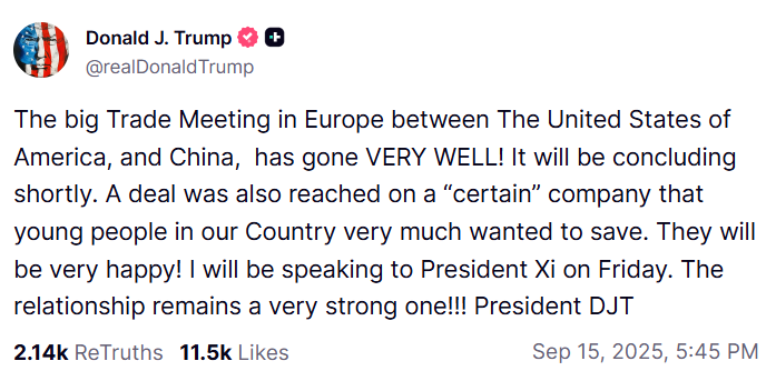 Trump's Truth Social post announcing a TikTok agreement with a company that young people in the U.S. wanted to save